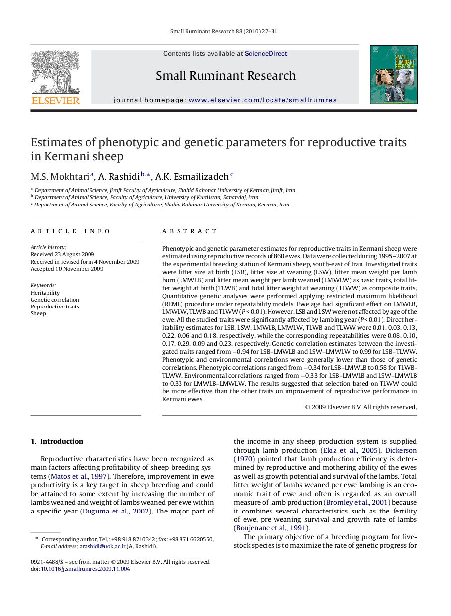 Estimates of phenotypic and genetic parameters for reproductive traits in Kermani sheep