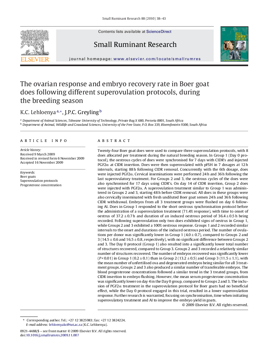 The ovarian response and embryo recovery rate in Boer goat does following different superovulation protocols, during the breeding season