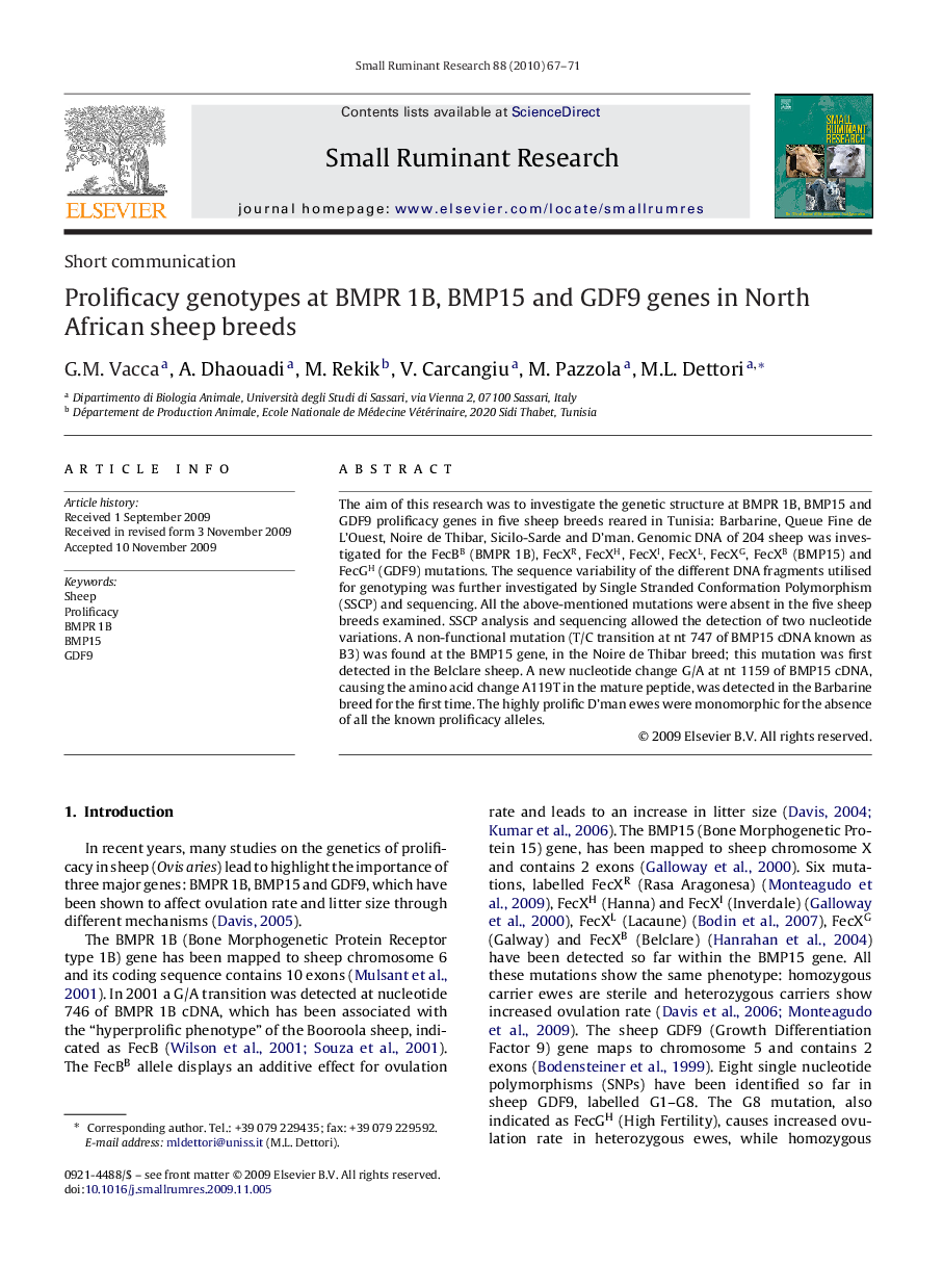 Prolificacy genotypes at BMPR 1B, BMP15 and GDF9 genes in North African sheep breeds