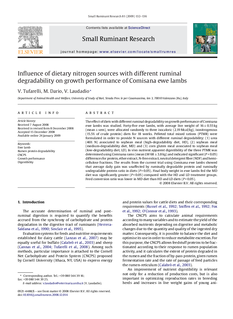 Influence of dietary nitrogen sources with different ruminal degradability on growth performance of Comisana ewe lambs