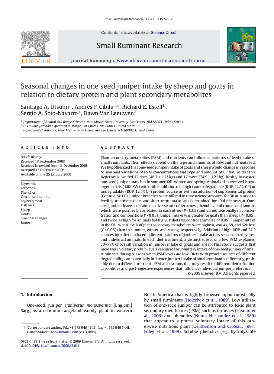 Seasonal changes in one seed juniper intake by sheep and goats in relation to dietary protein and plant secondary metabolites