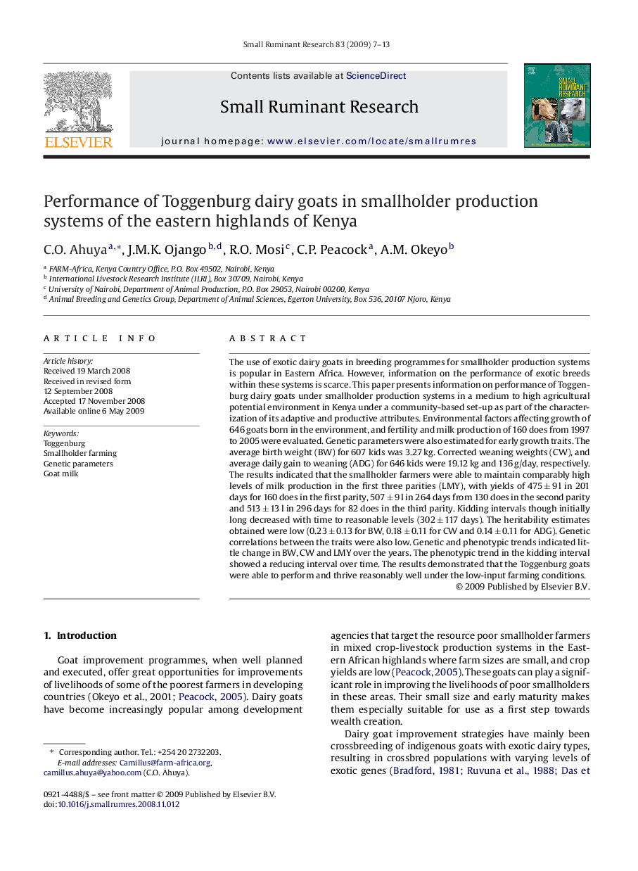 Performance of Toggenburg dairy goats in smallholder production systems of the eastern highlands of Kenya