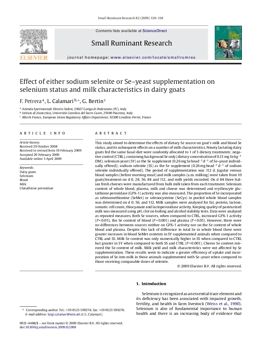 Effect of either sodium selenite or Se–yeast supplementation on selenium status and milk characteristics in dairy goats