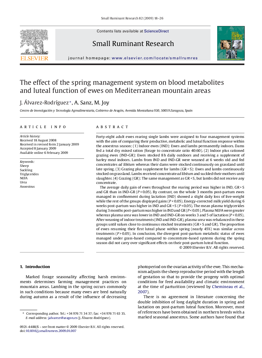 The effect of the spring management system on blood metabolites and luteal function of ewes on Mediterranean mountain areas