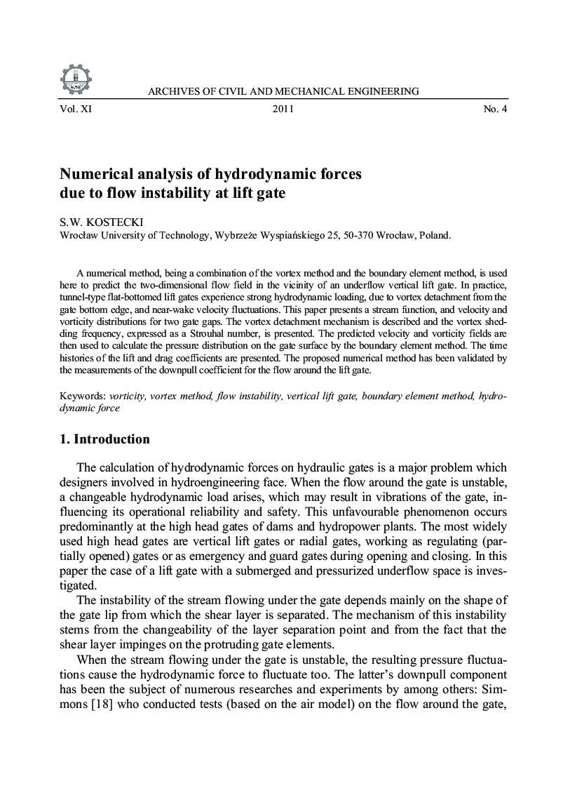 Numerical analysis of hydrodynamic forces due to flow instability at lift gate