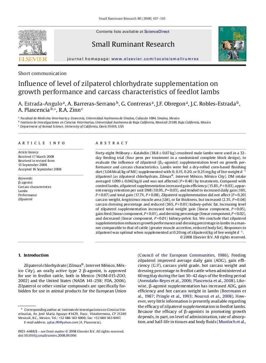 Influence of level of zilpaterol chlorhydrate supplementation on growth performance and carcass characteristics of feedlot lambs