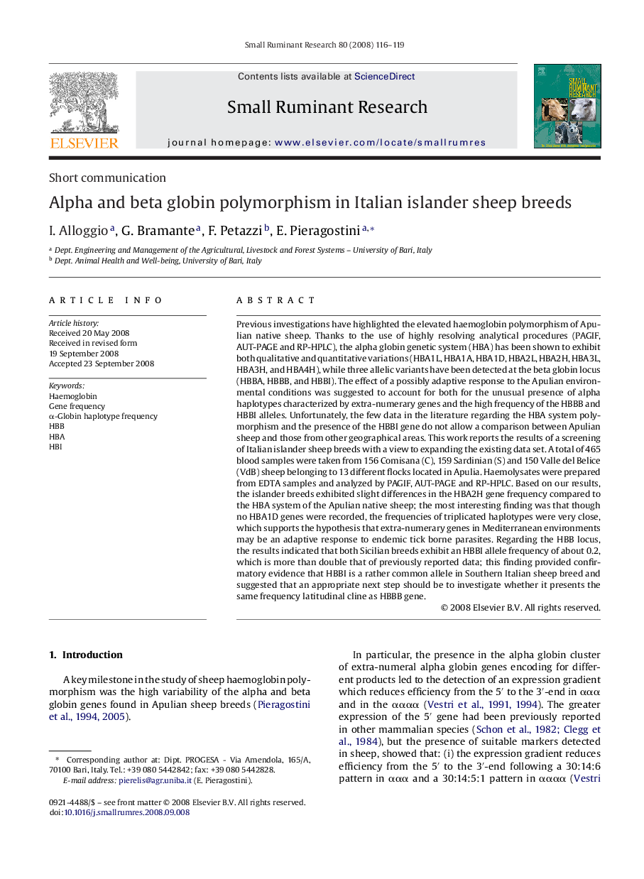 Alpha and beta globin polymorphism in Italian islander sheep breeds