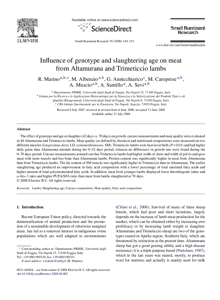 Influence of genotype and slaughtering age on meat from Altamurana and Trimeticcio lambs