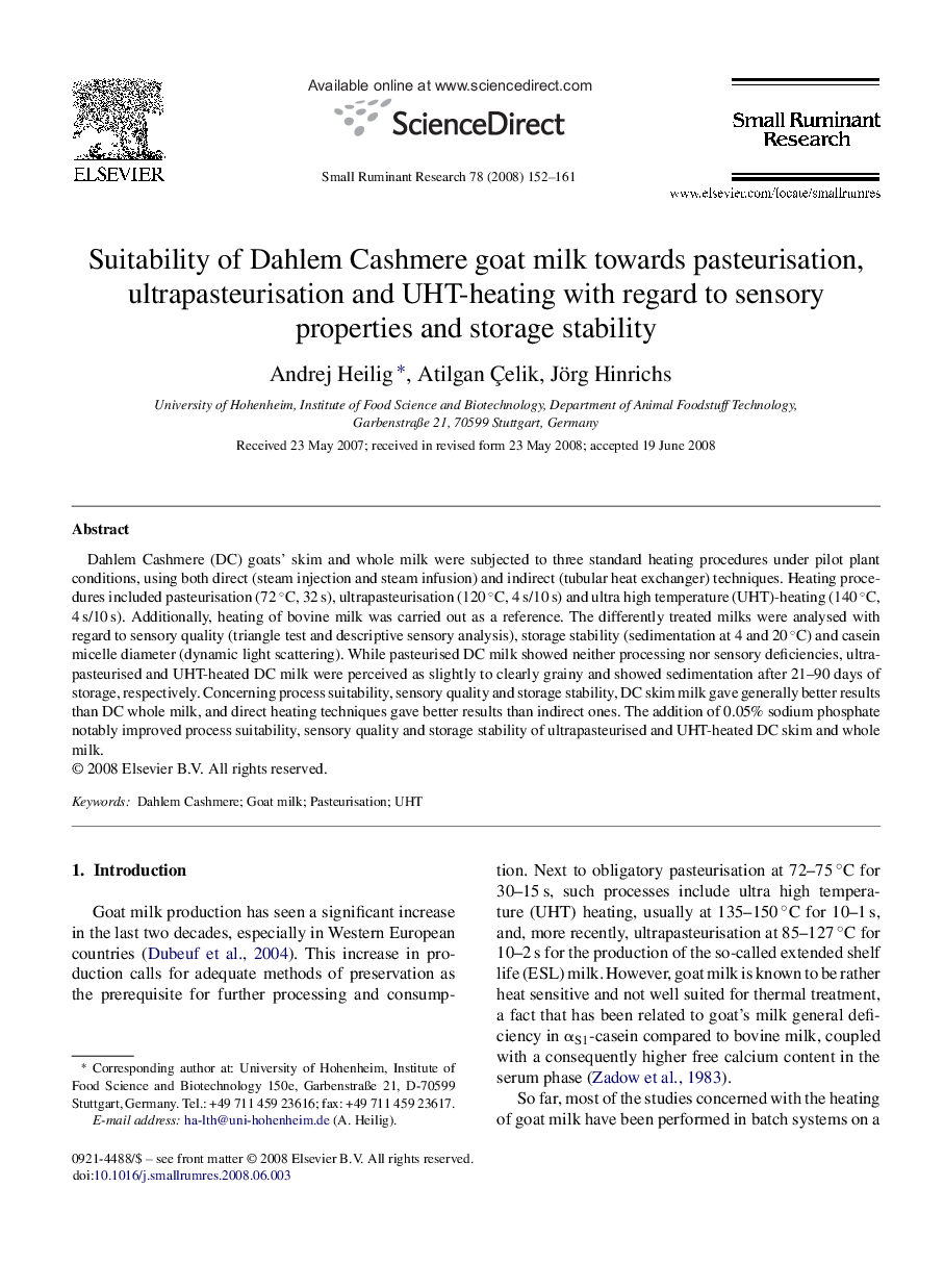 Suitability of Dahlem Cashmere goat milk towards pasteurisation, ultrapasteurisation and UHT-heating with regard to sensory properties and storage stability