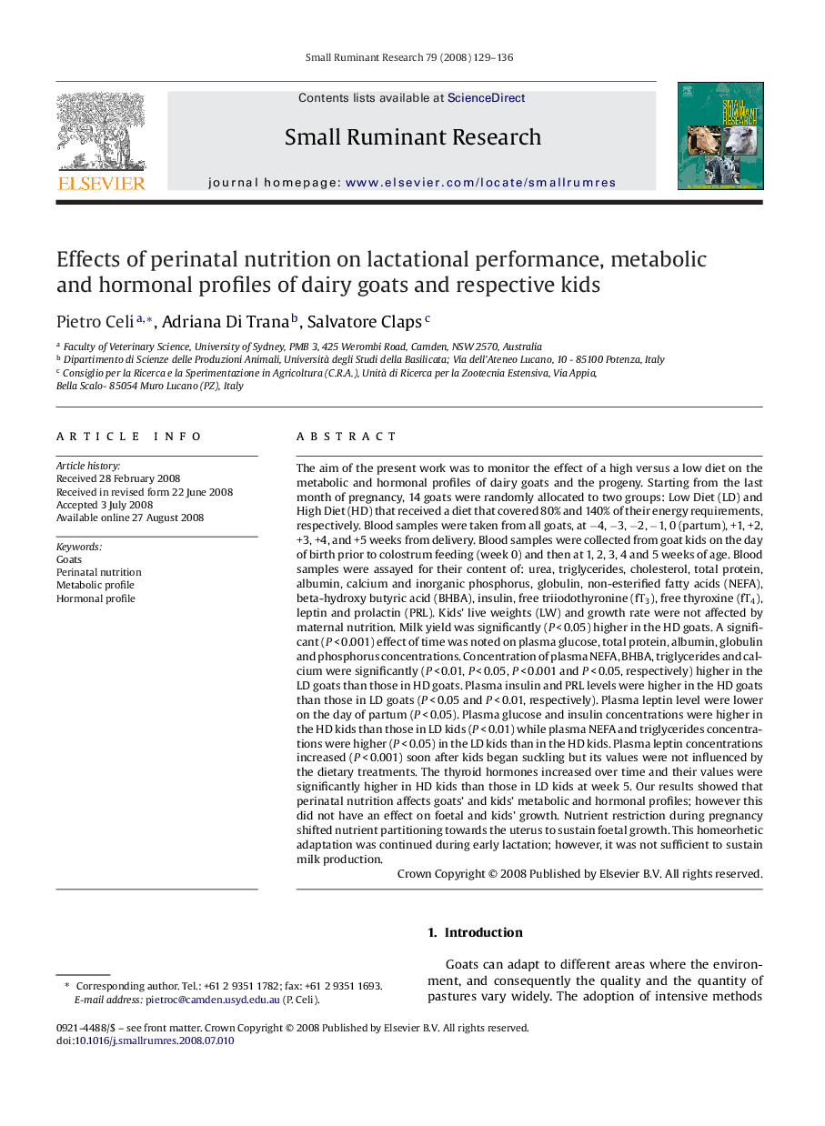 Effects of perinatal nutrition on lactational performance, metabolic and hormonal profiles of dairy goats and respective kids