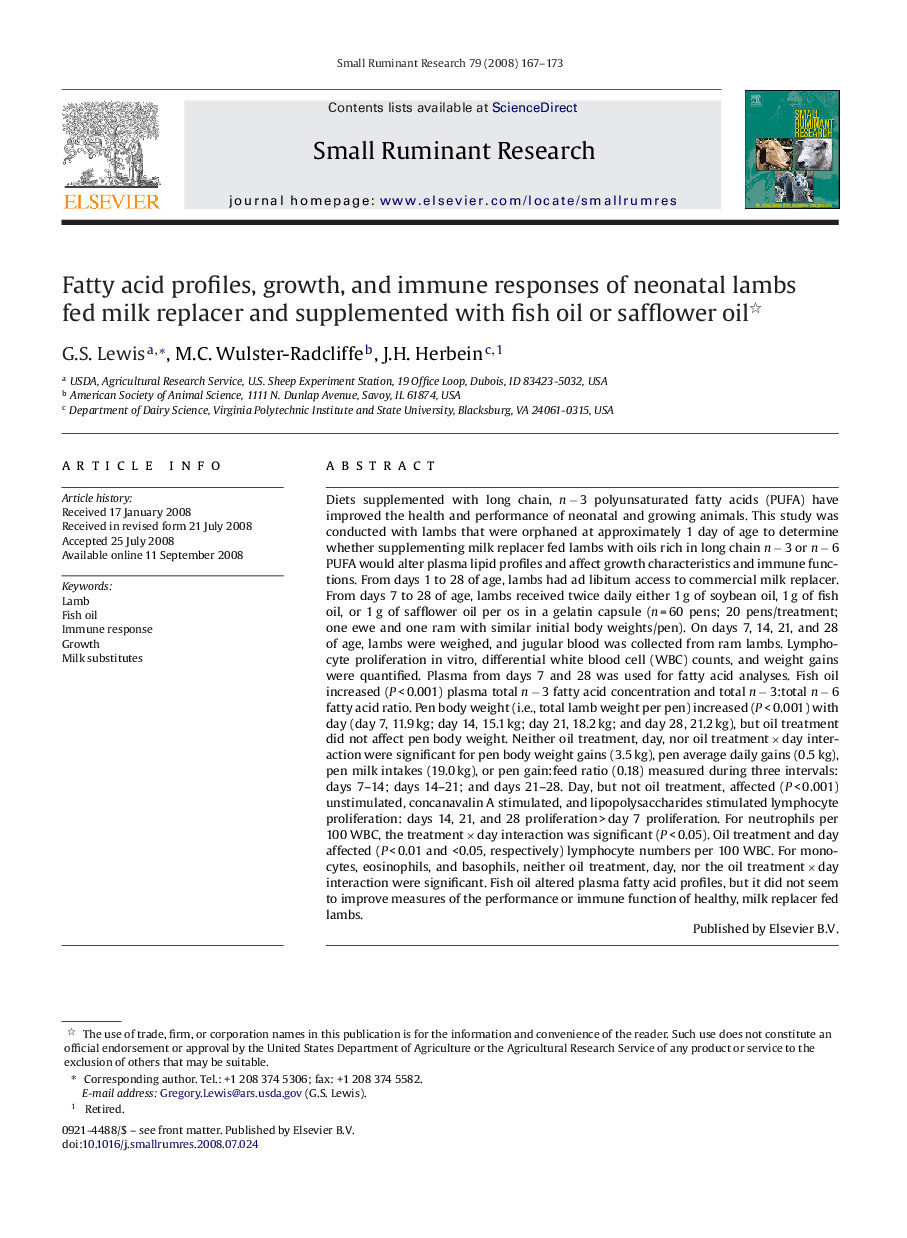 عکس صفحه اول مقاله: Fatty acid profiles, growth, and immune responses of neonatal lambs fed milk replacer and supplemented with fish oil or safflower oil Fatty acid profiles, growth, and immune responses of neonatal lambs fed milk replacer and supplemented with fish oil or safflower oil