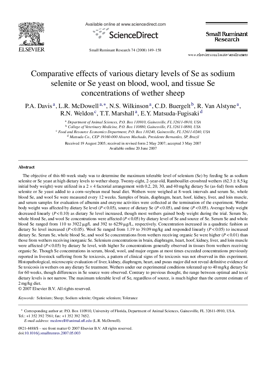 Comparative effects of various dietary levels of Se as sodium selenite or Se yeast on blood, wool, and tissue Se concentrations of wether sheep