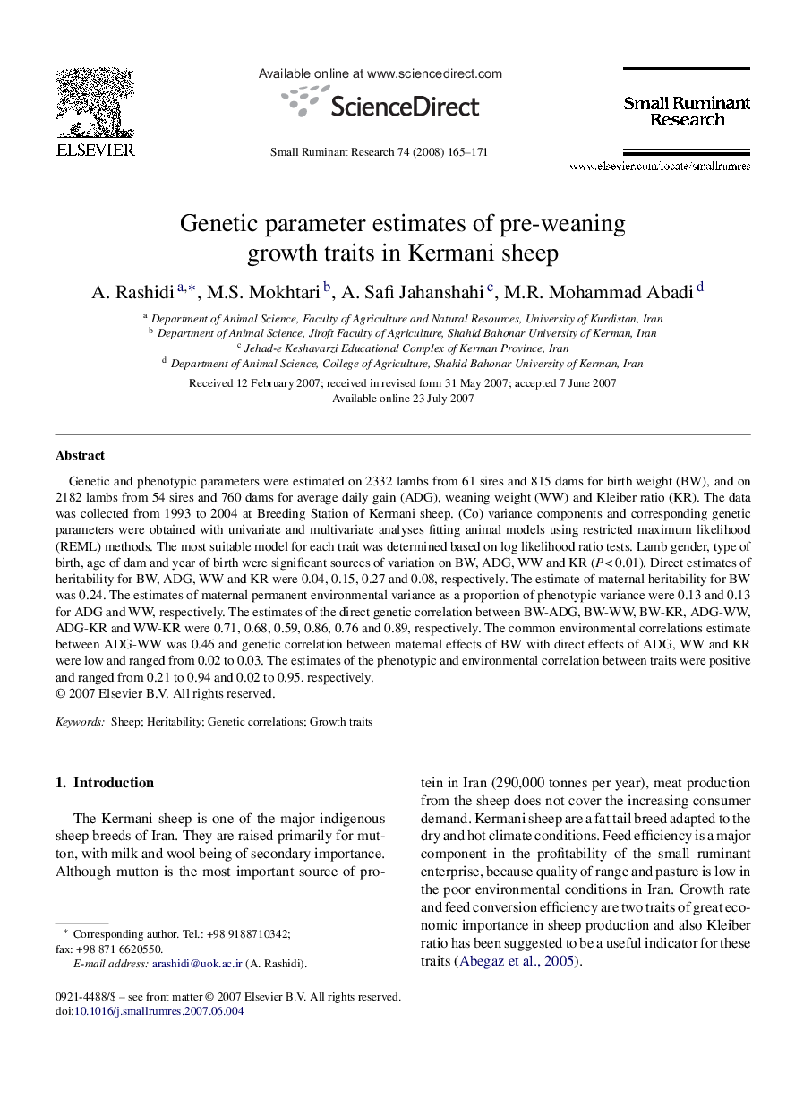 Genetic parameter estimates of pre-weaning growth traits in Kermani sheep