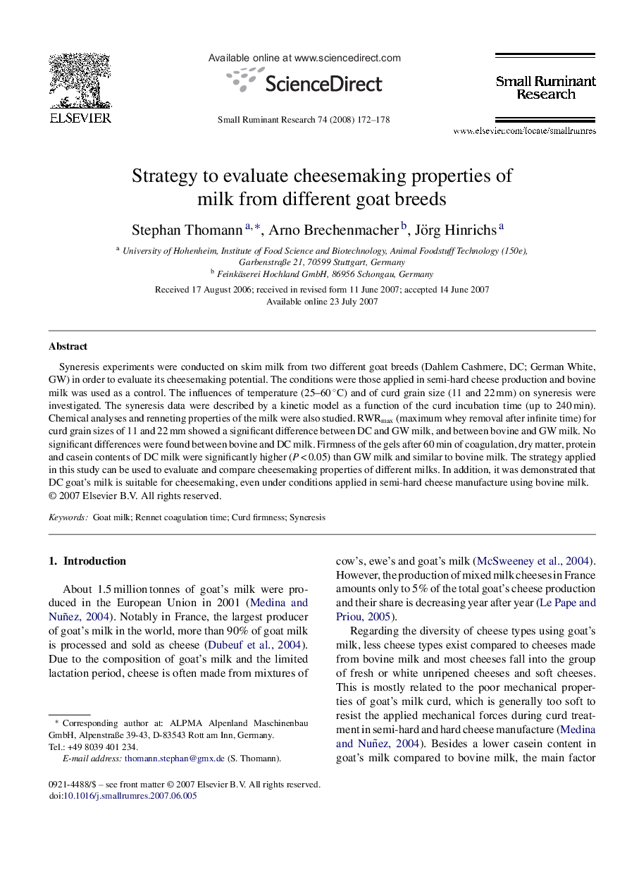 Strategy to evaluate cheesemaking properties of milk from different goat breeds