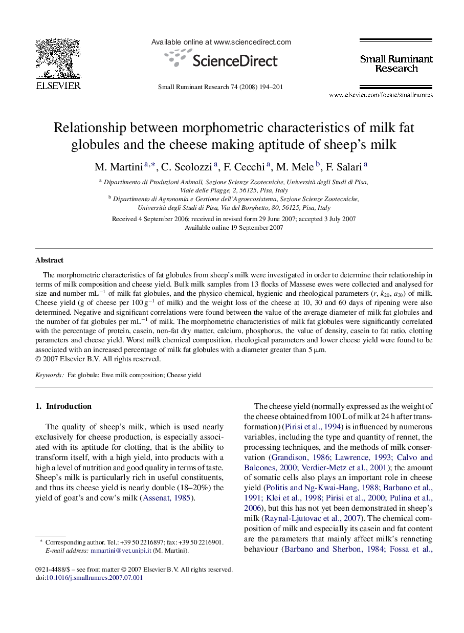 Relationship between morphometric characteristics of milk fat globules and the cheese making aptitude of sheep's milk