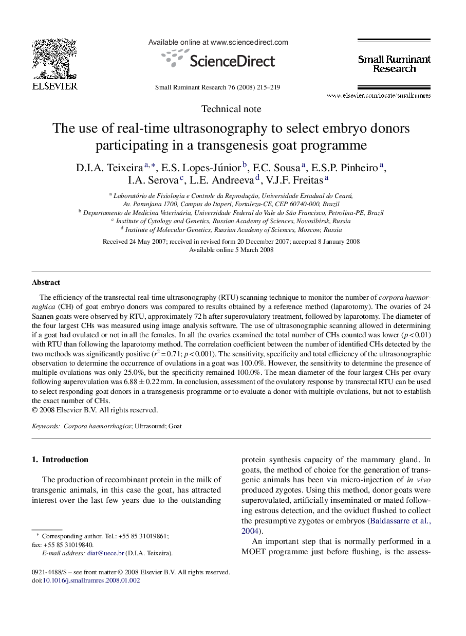 The use of real-time ultrasonography to select embryo donors participating in a transgenesis goat programme