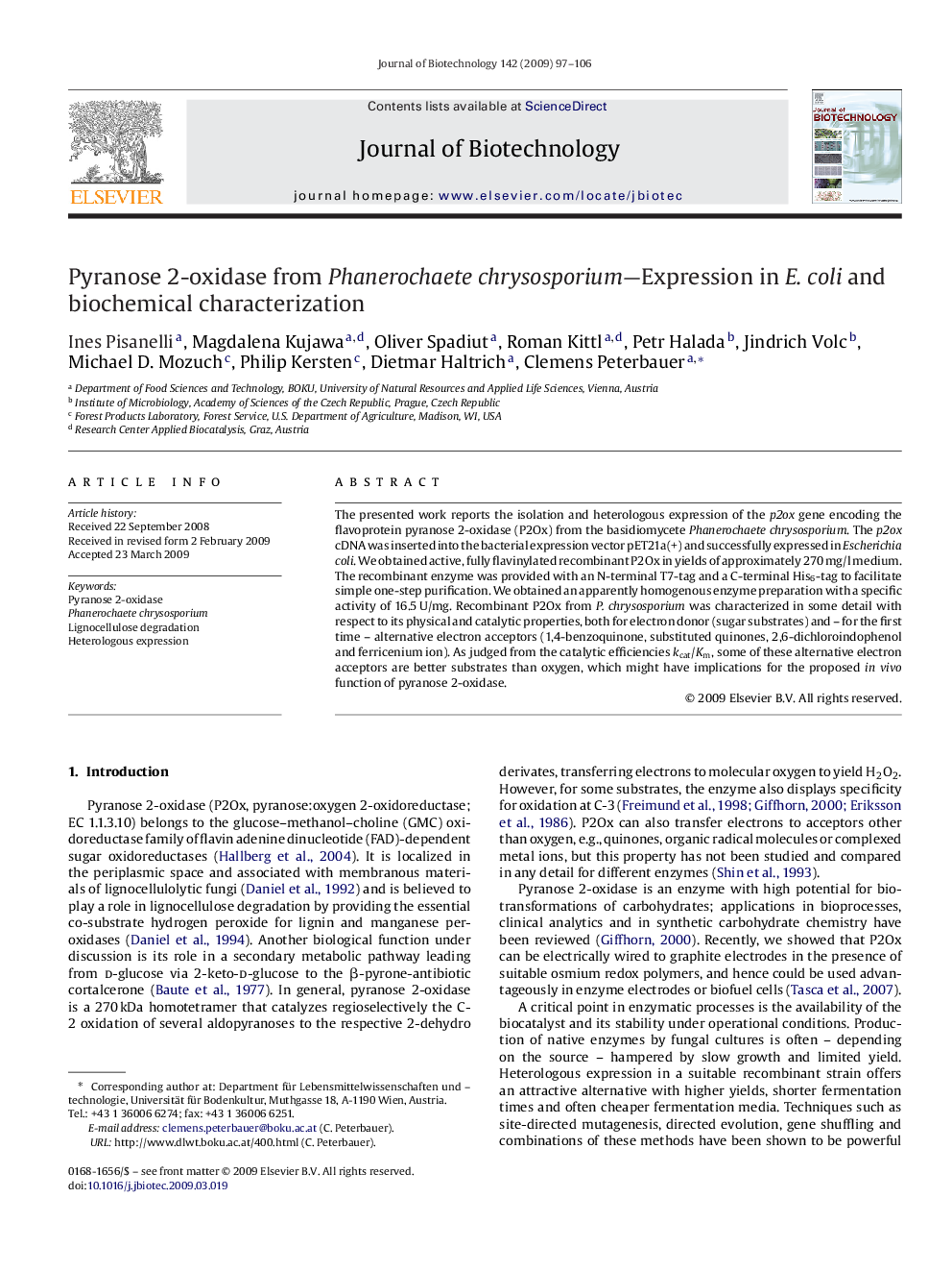 Pyranose 2-oxidase from Phanerochaete chrysosporium—Expression in E. coli and biochemical characterization