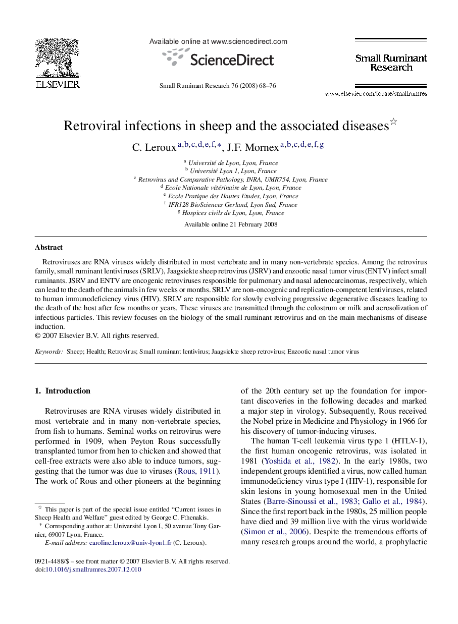 Retroviral infections in sheep and the associated diseases 