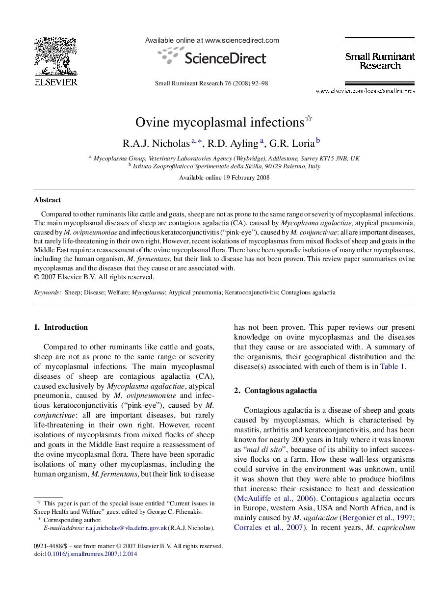 Ovine mycoplasmal infections 