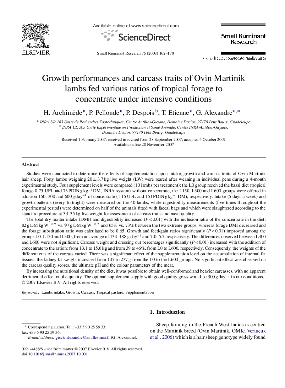 Growth performances and carcass traits of Ovin Martinik lambs fed various ratios of tropical forage to concentrate under intensive conditions