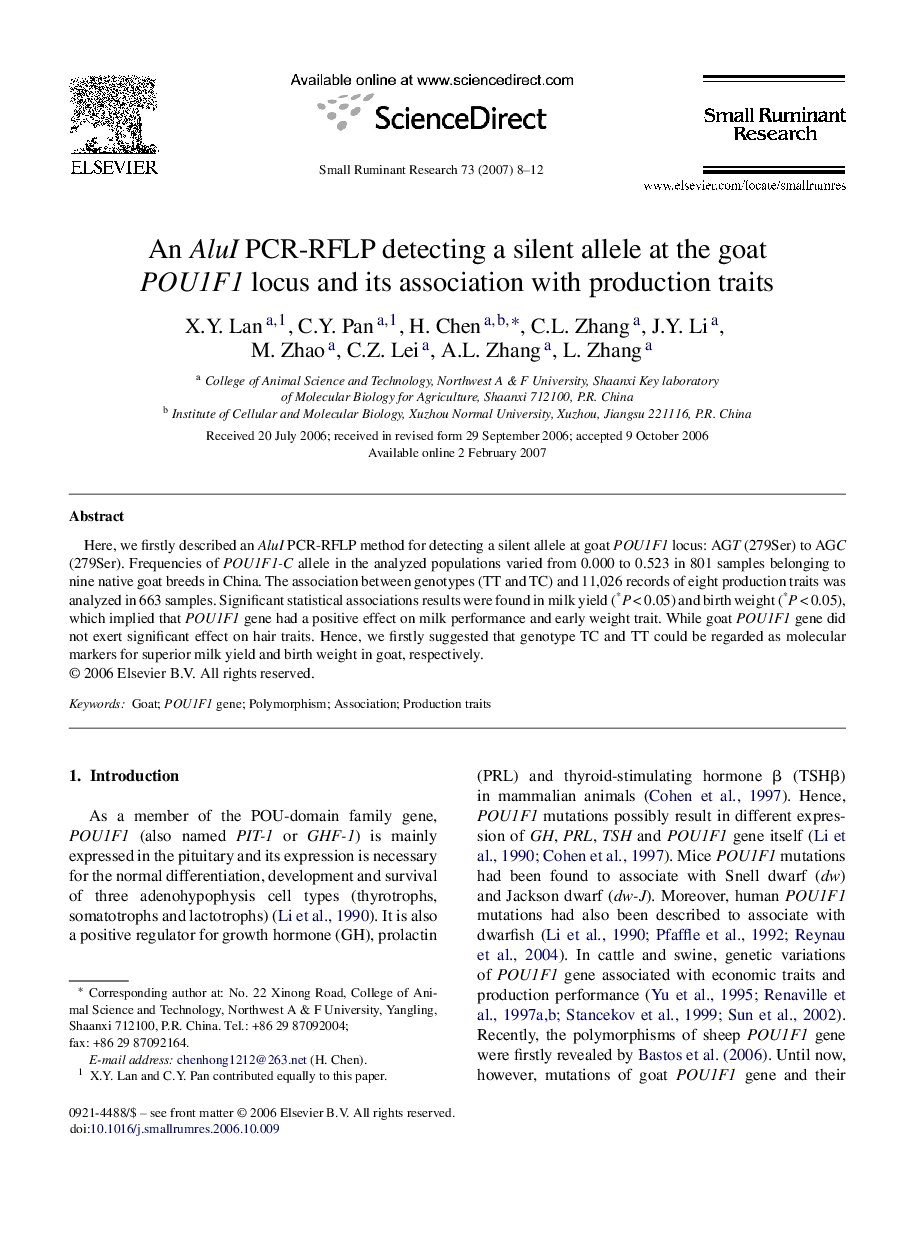 An AluI PCR-RFLP detecting a silent allele at the goat POU1F1 locus and its association with production traits