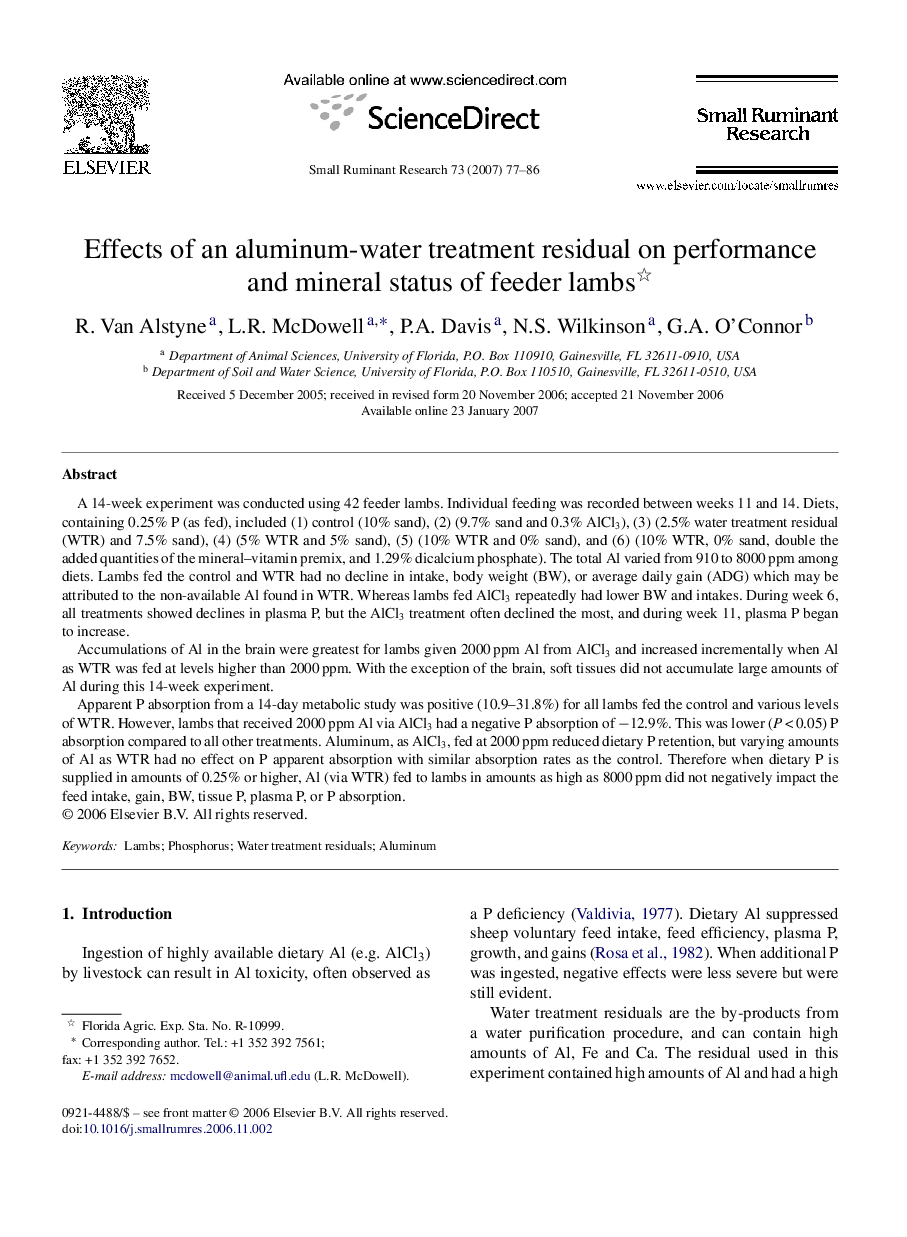 Effects of an aluminum-water treatment residual on performance and mineral status of feeder lambs 