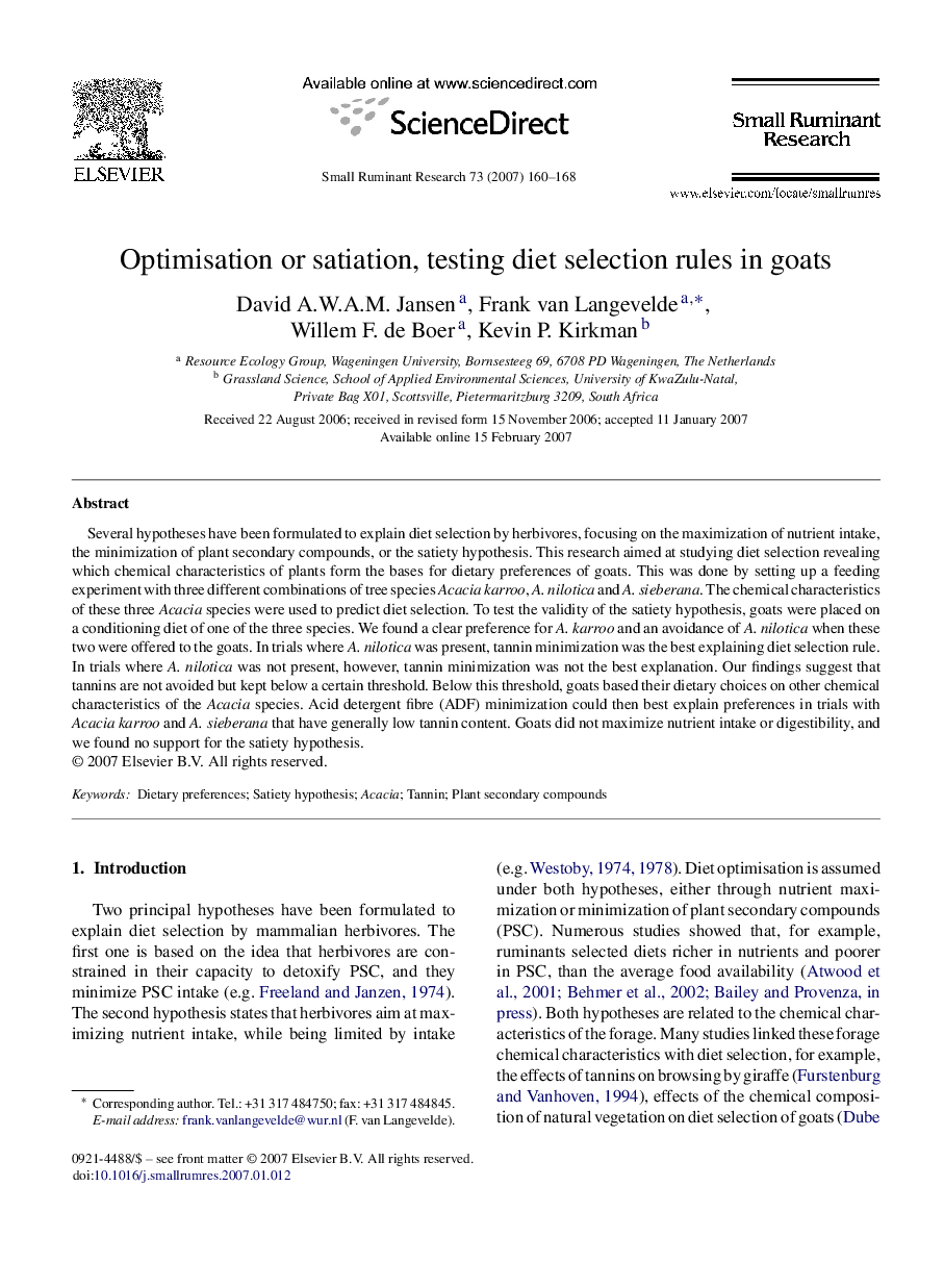 Optimisation or satiation, testing diet selection rules in goats