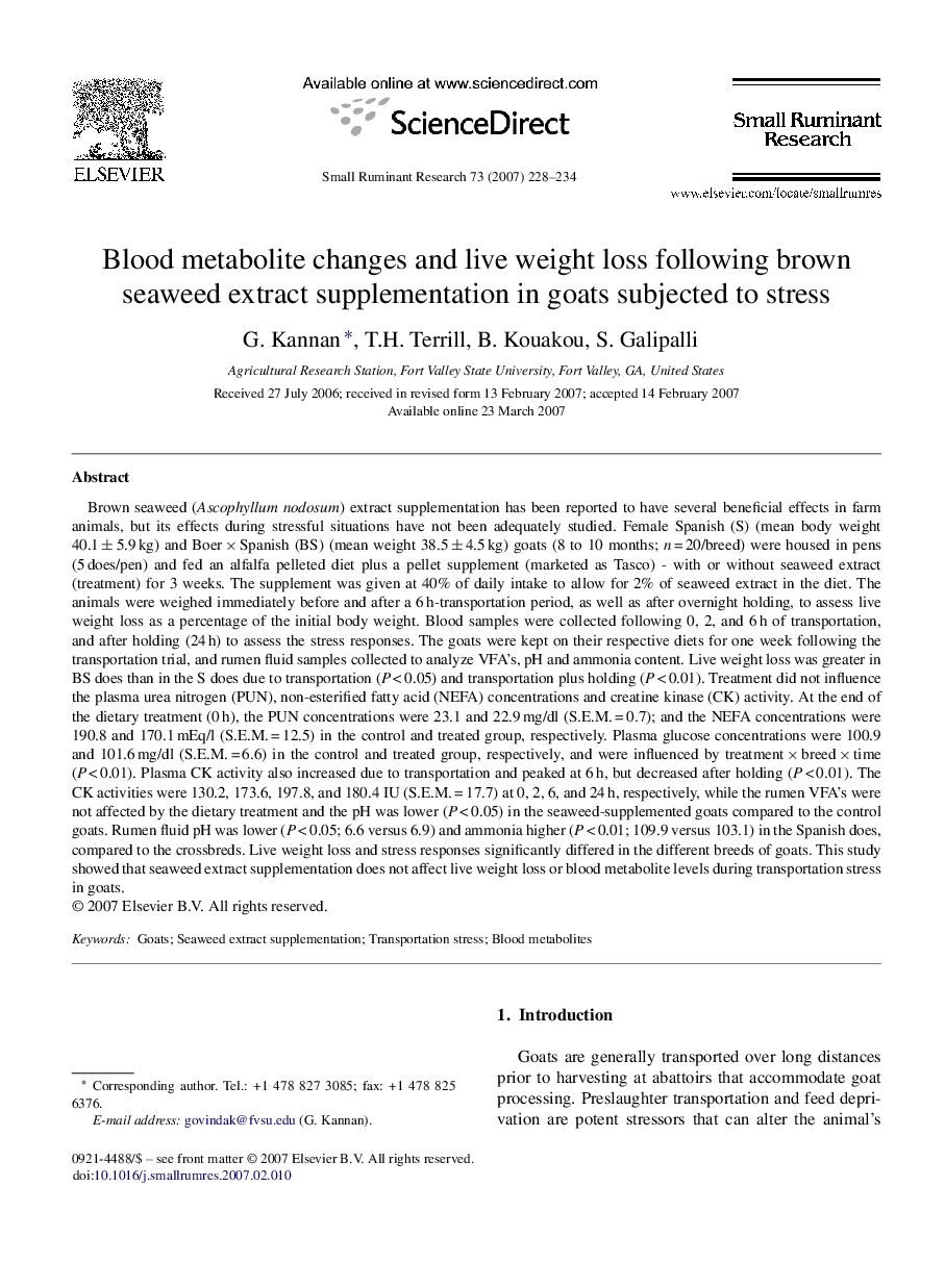 عکس صفحه اول مقاله: Blood metabolite changes and live weight loss following brown seaweed extract supplementation in goats subjected to stress Blood metabolite changes and live weight loss following brown seaweed extract supplementation in goats subjected to stress
