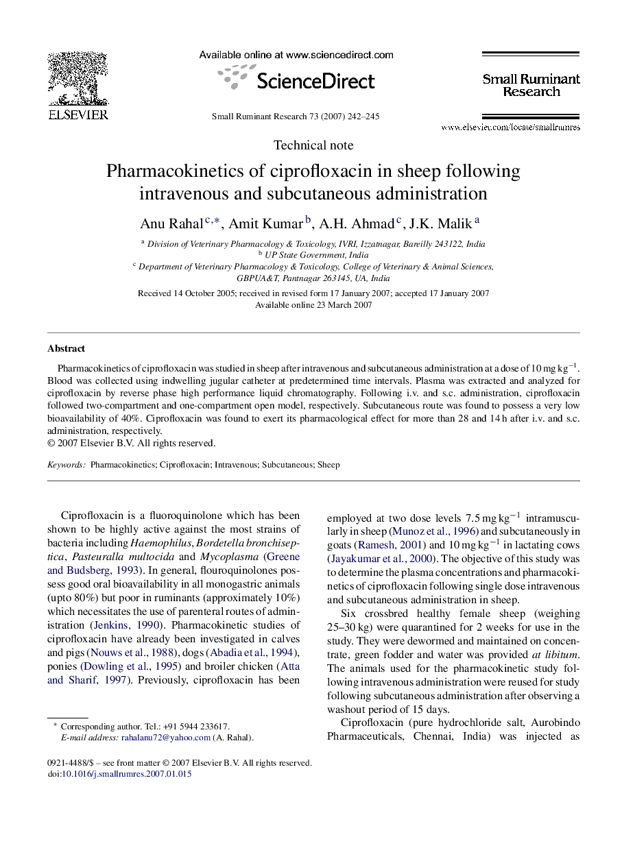 عکس صفحه اول مقاله: Pharmacokinetics of ciprofloxacin in sheep following intravenous and subcutaneous administration Pharmacokinetics of ciprofloxacin in sheep following intravenous and subcutaneous administration