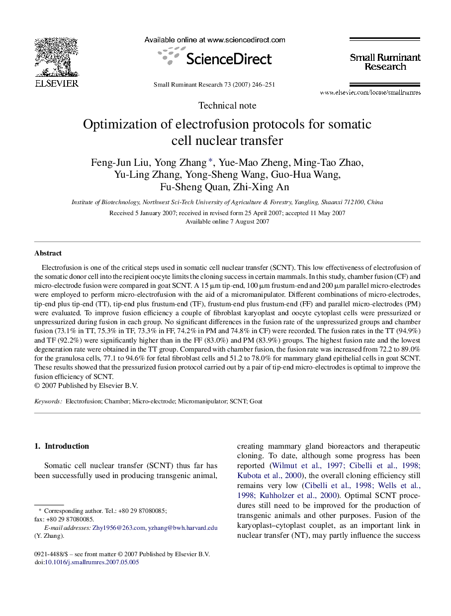 Optimization of electrofusion protocols for somatic cell nuclear transfer