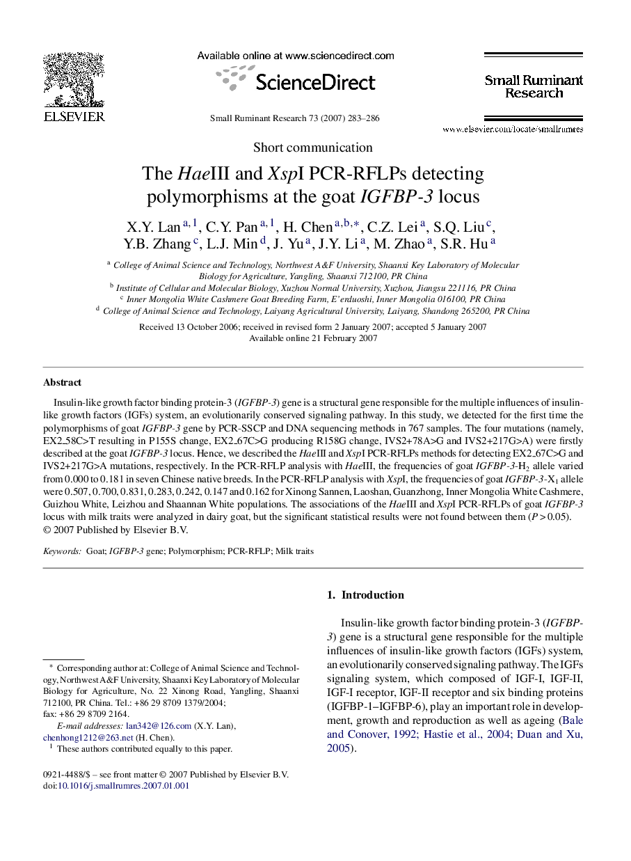 The HaeIII and XspI PCR-RFLPs detecting polymorphisms at the goat IGFBP-3 locus