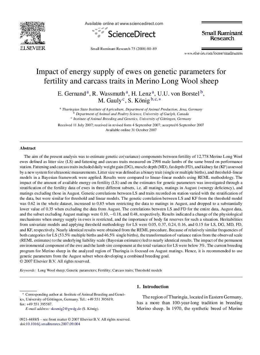 Impact of energy supply of ewes on genetic parameters for fertility and carcass traits in Merino Long Wool sheep