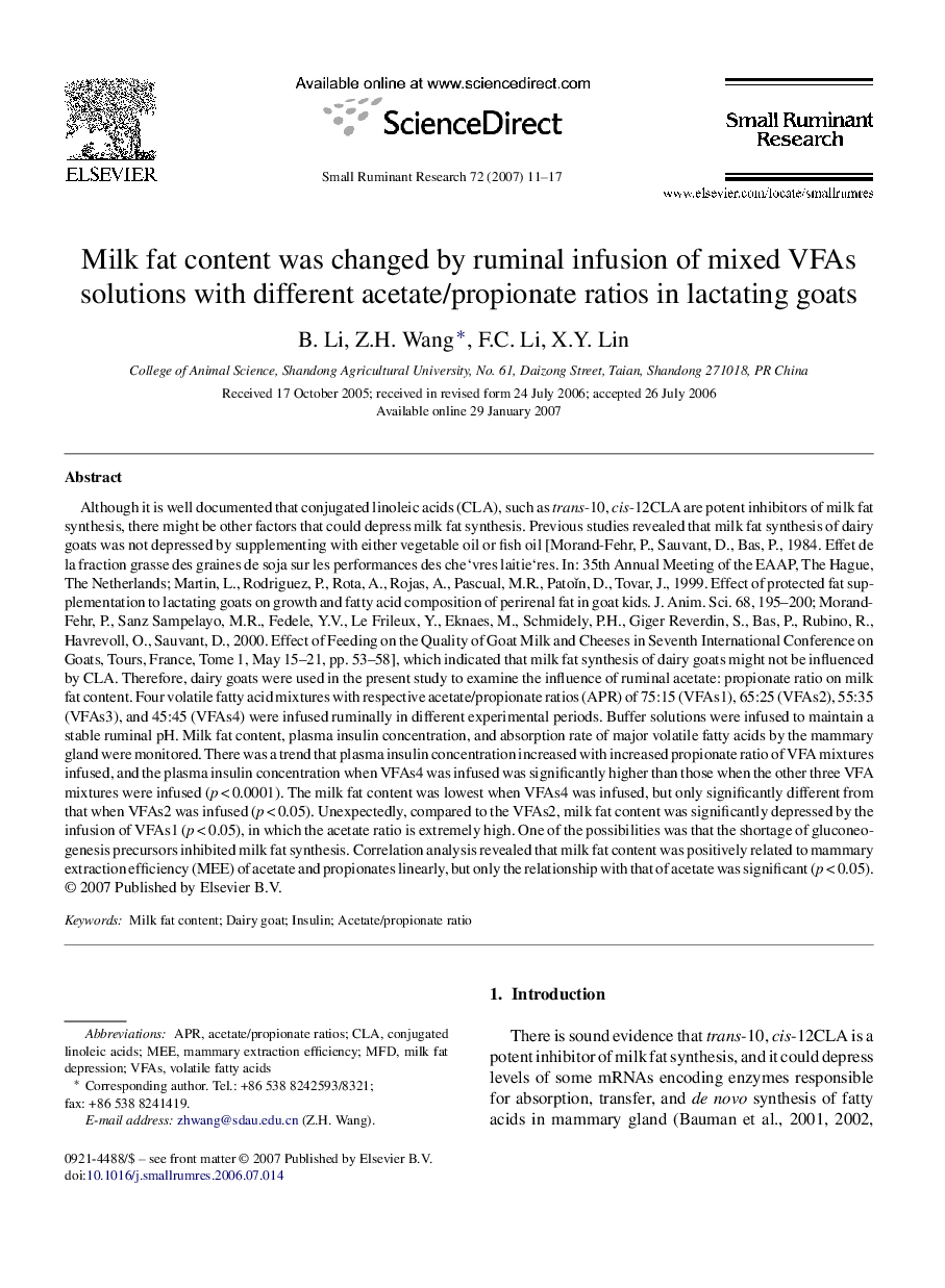 Milk fat content was changed by ruminal infusion of mixed VFAs solutions with different acetate/propionate ratios in lactating goats