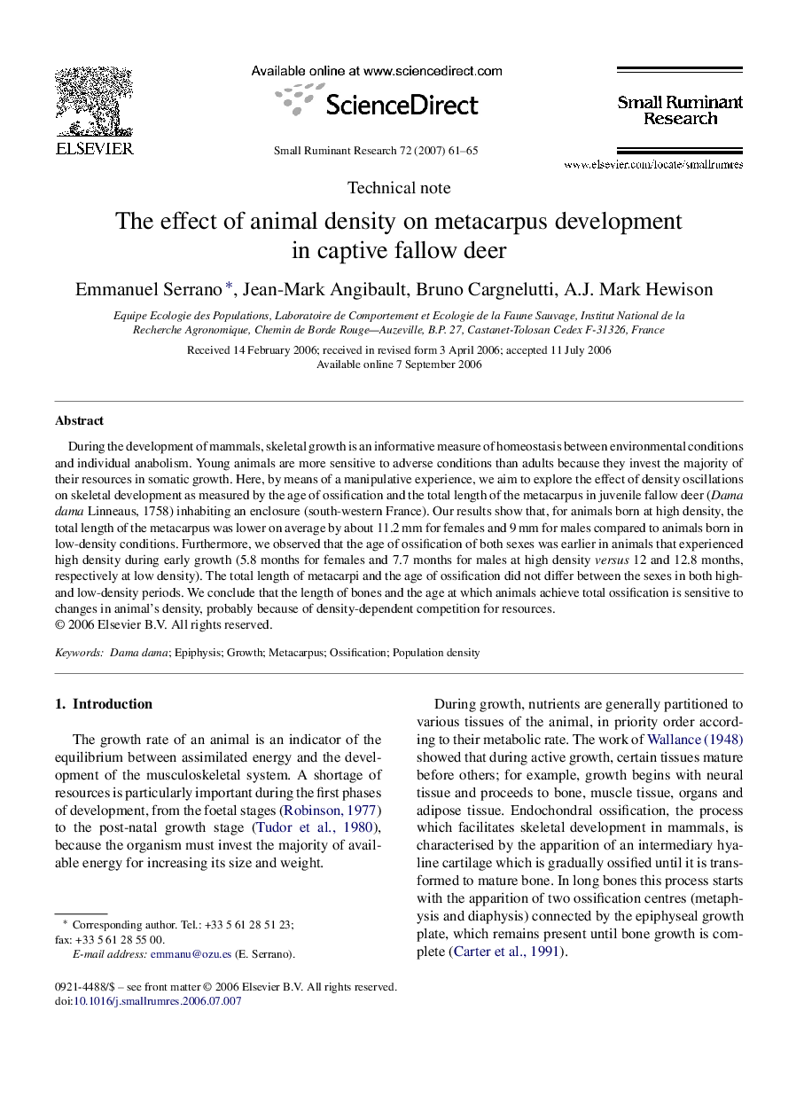 The effect of animal density on metacarpus development in captive fallow deer