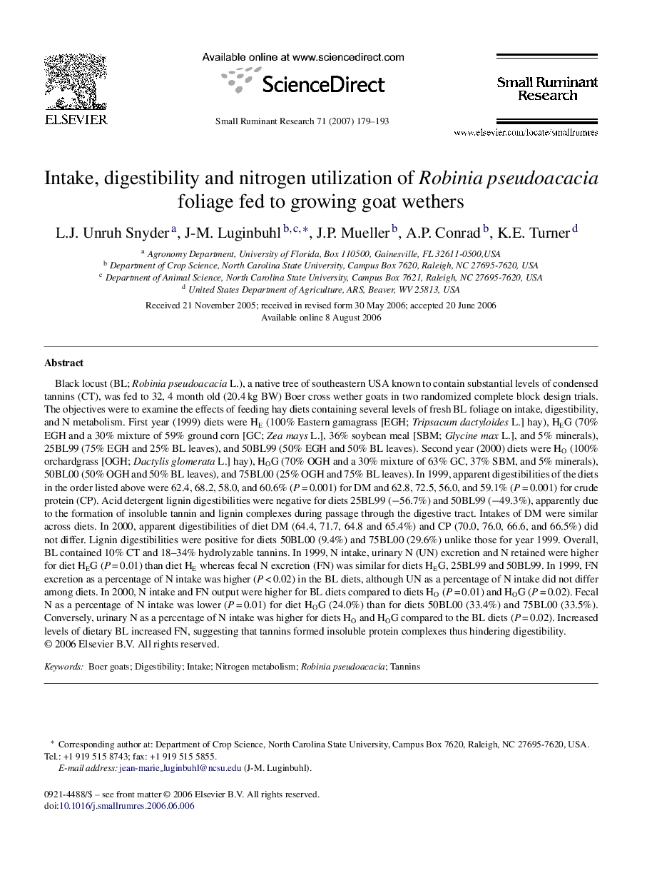 Intake, digestibility and nitrogen utilization of Robinia pseudoacacia foliage fed to growing goat wethers