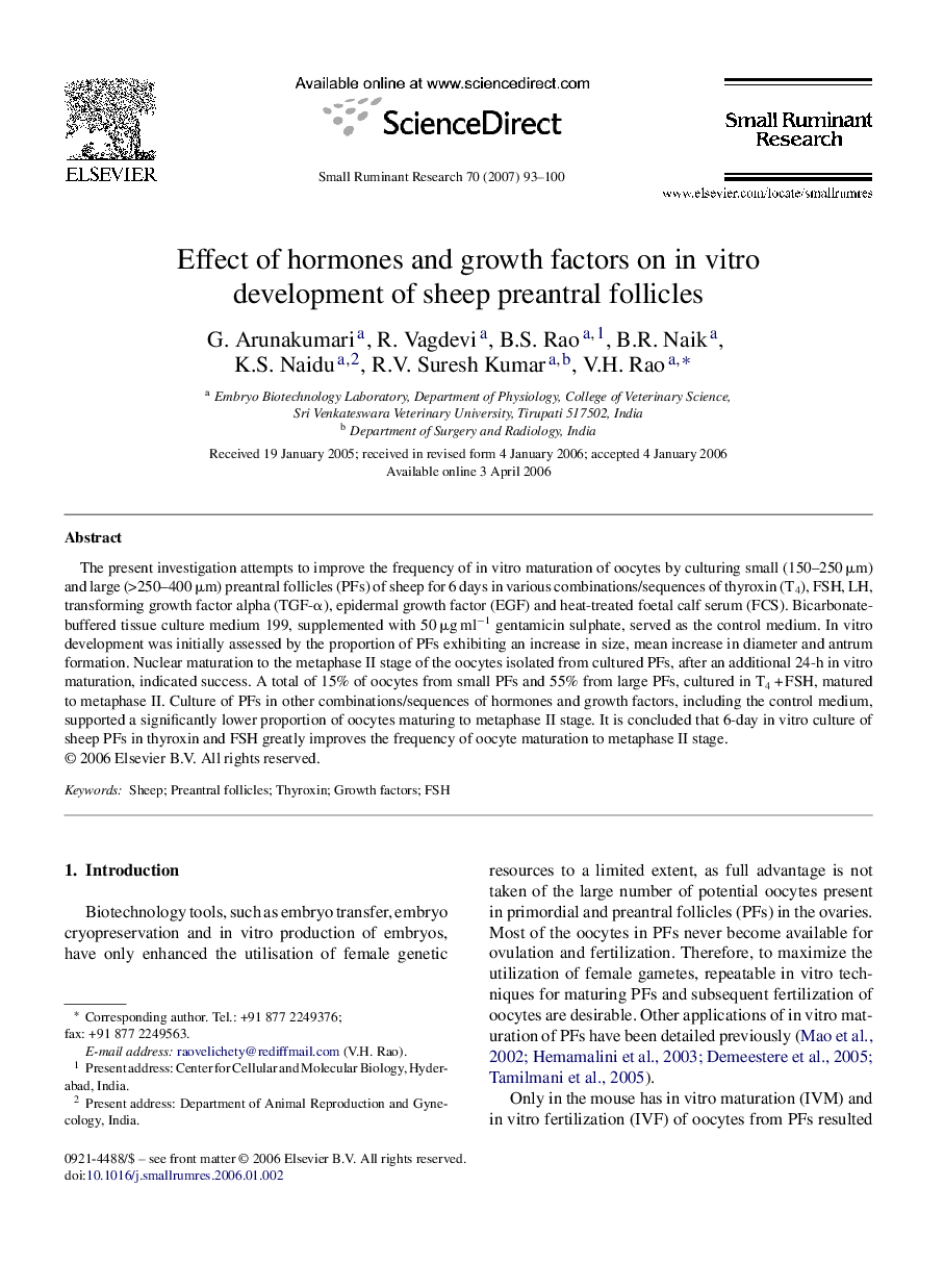 Effect of hormones and growth factors on in vitro development of sheep preantral follicles