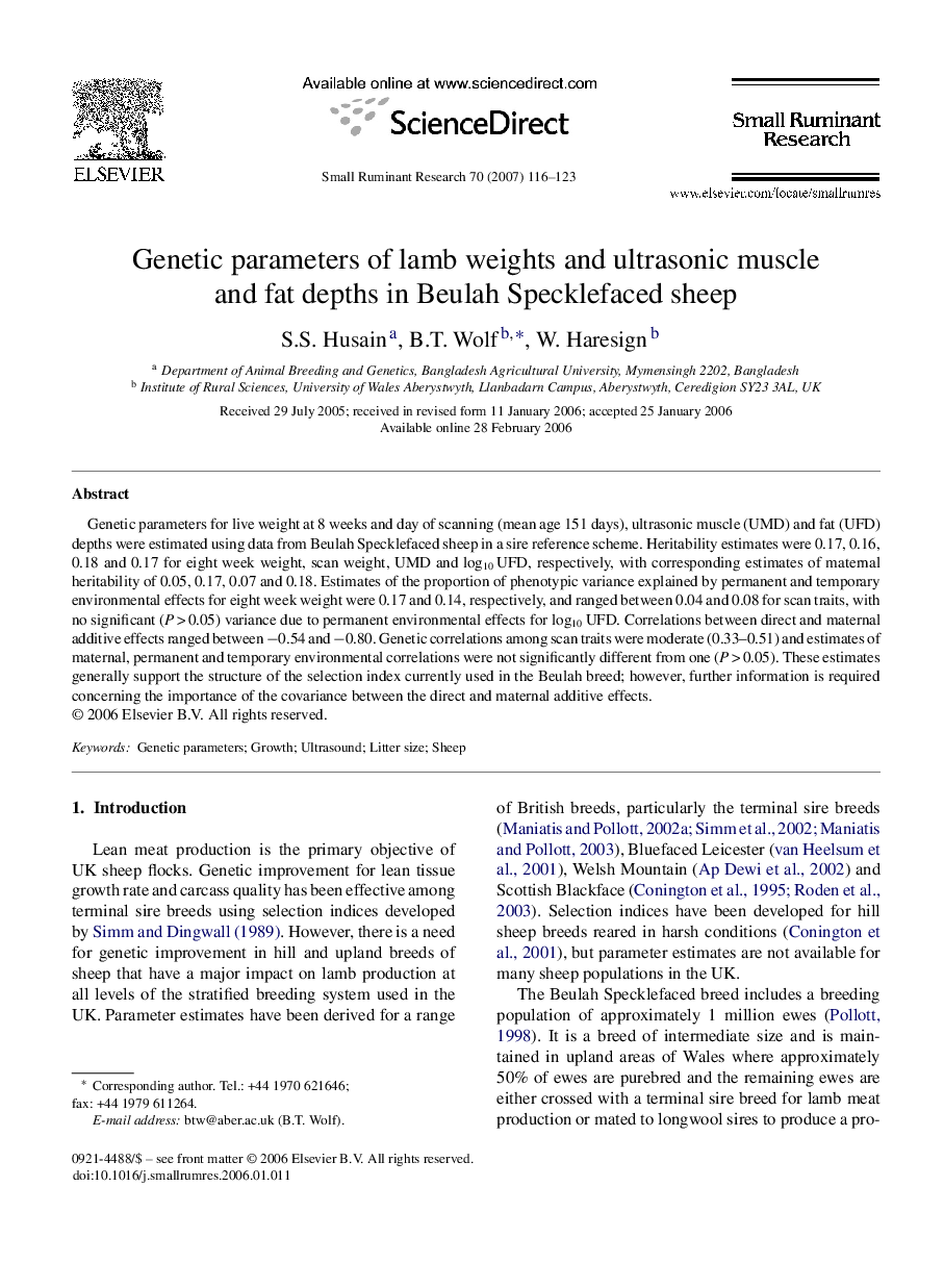 Genetic parameters of lamb weights and ultrasonic muscle and fat depths in Beulah Specklefaced sheep