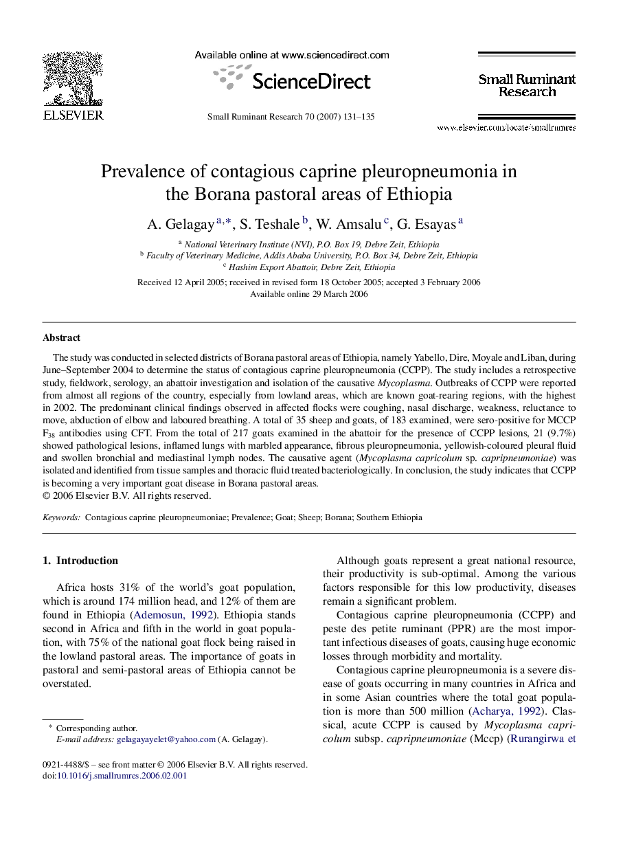 Prevalence of contagious caprine pleuropneumonia in the Borana pastoral areas of Ethiopia