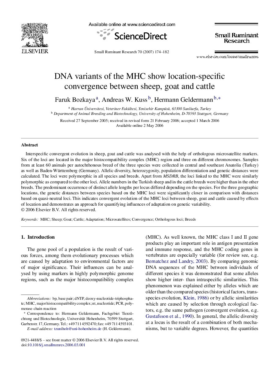 DNA variants of the MHC show location-specific convergence between sheep, goat and cattle