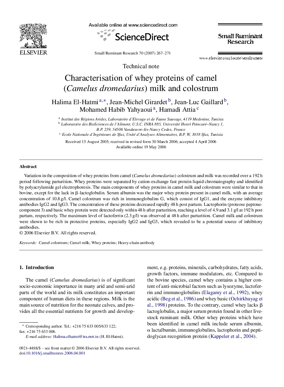 Characterisation of whey proteins of camel (Camelus dromedarius) milk and colostrum