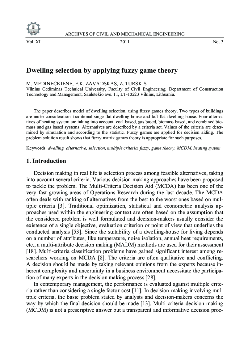 Dwelling selection by applying fuzzy game theory