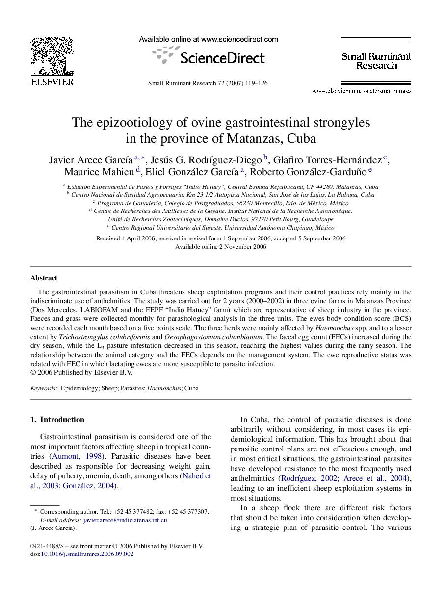 The epizootiology of ovine gastrointestinal strongyles in the province of Matanzas, Cuba