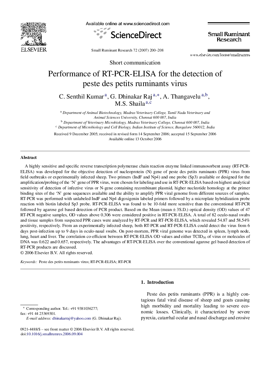 Performance of RT-PCR-ELISA for the detection of peste des petits ruminants virus