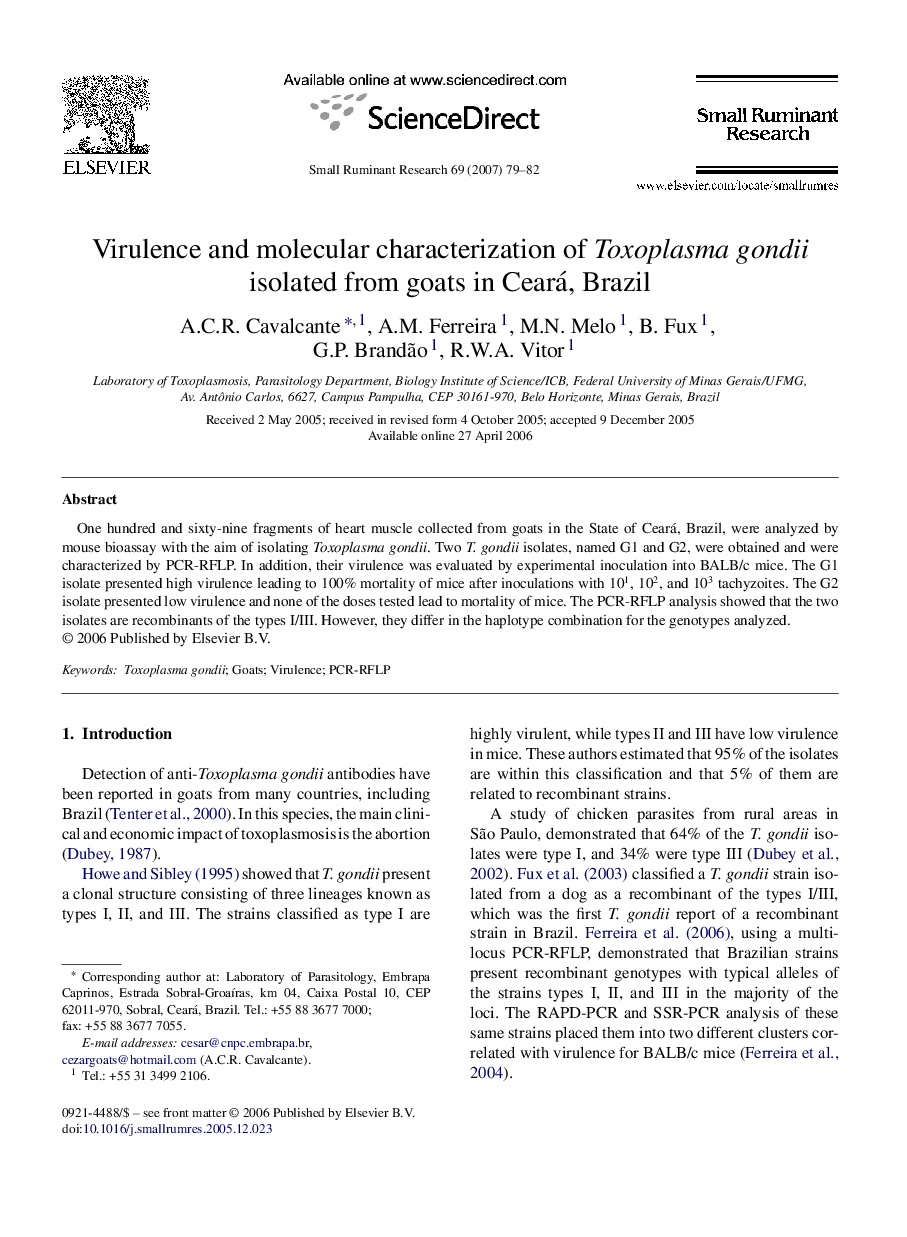 Virulence and molecular characterization of Toxoplasma gondii isolated from goats in Ceará, Brazil