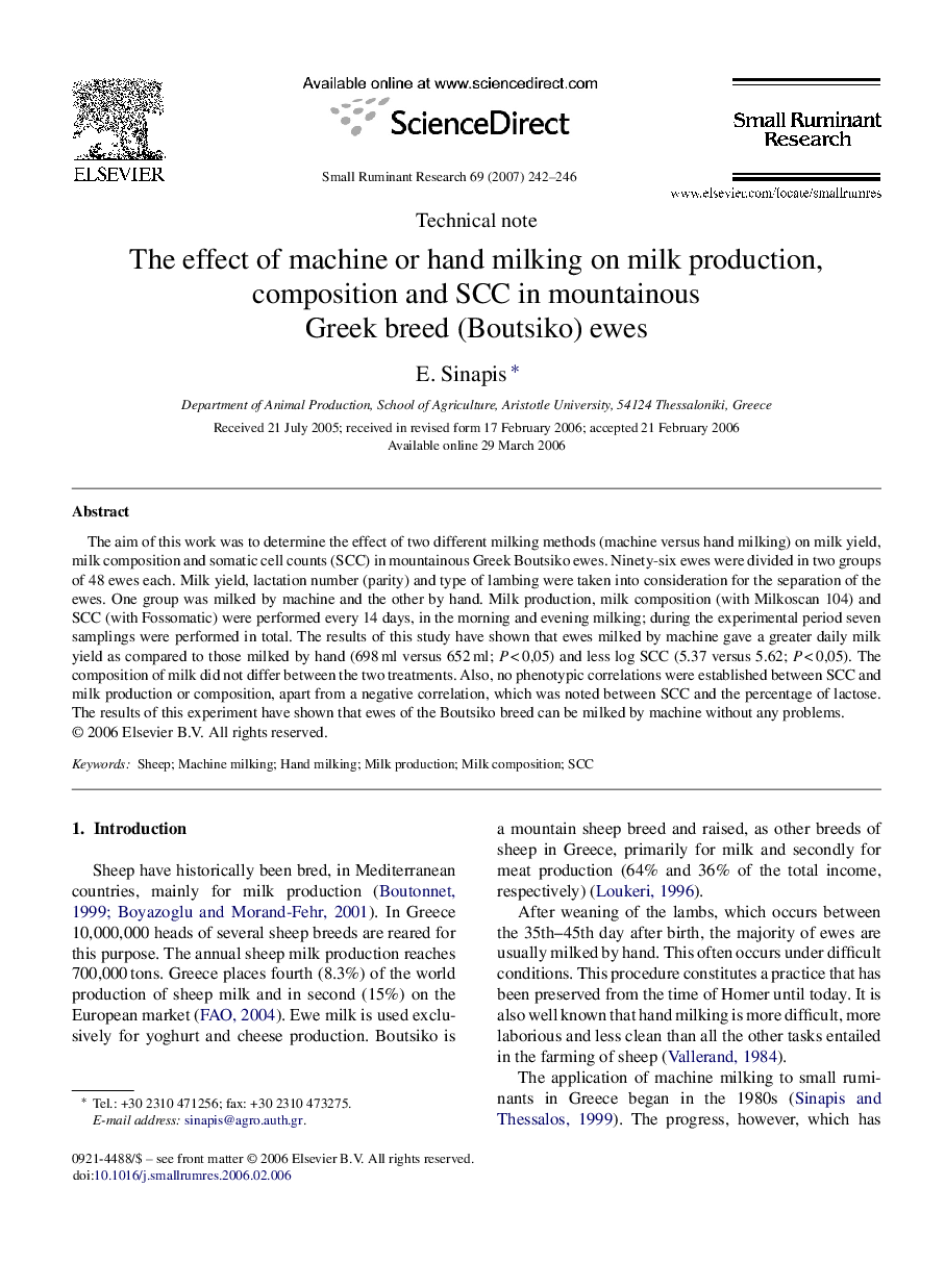 The effect of machine or hand milking on milk production, composition and SCC in mountainous Greek breed (Boutsiko) ewes