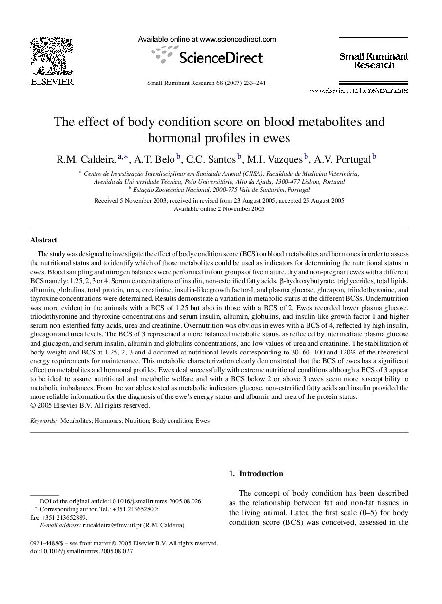 The effect of body condition score on blood metabolites and hormonal profiles in ewes