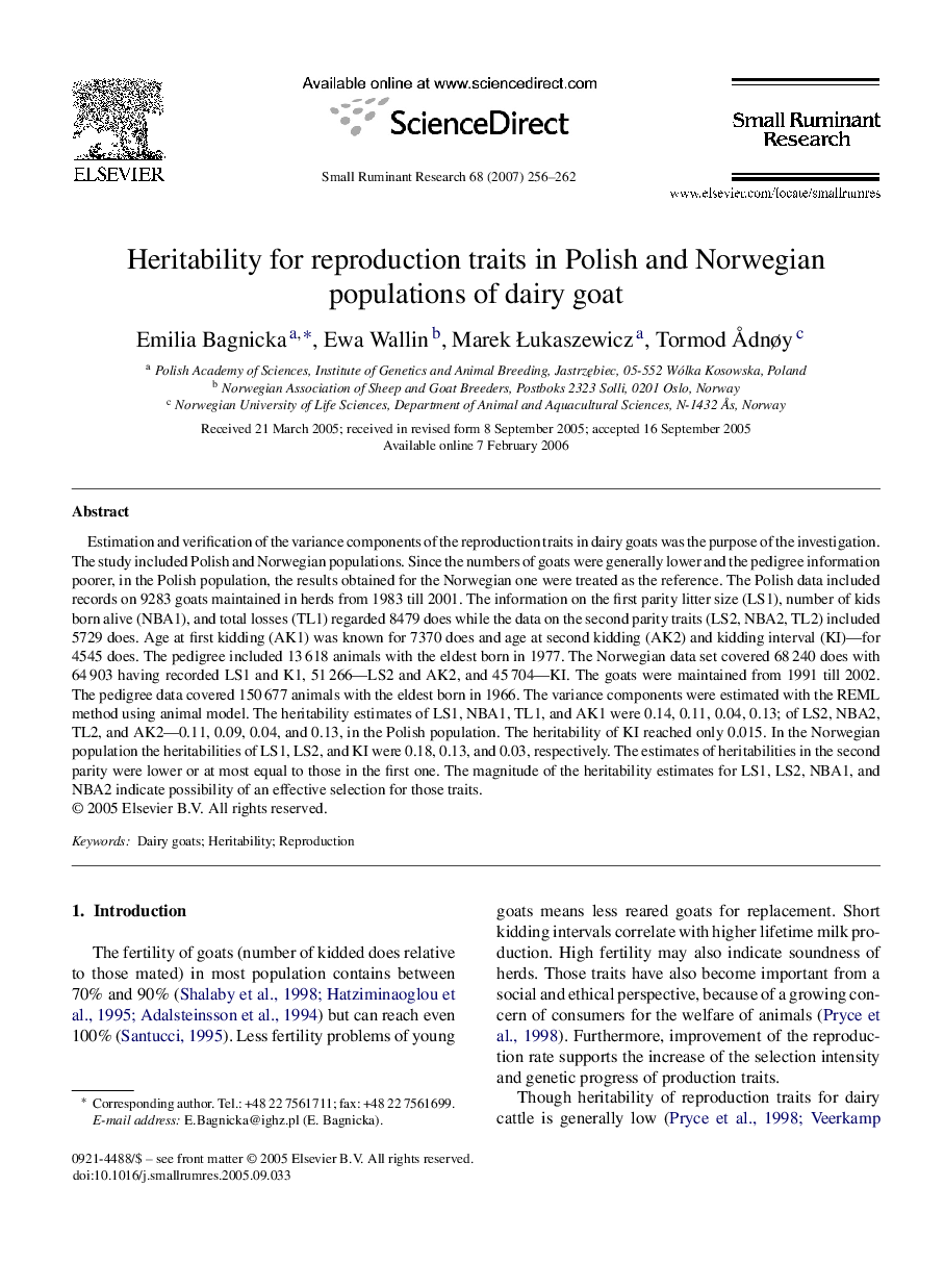 Heritability for reproduction traits in Polish and Norwegian populations of dairy goat