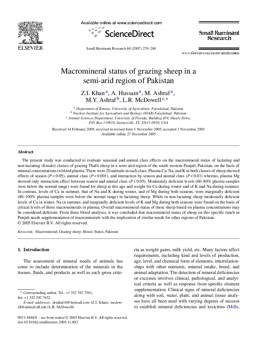 Macromineral status of grazing sheep in a semi-arid region of Pakistan