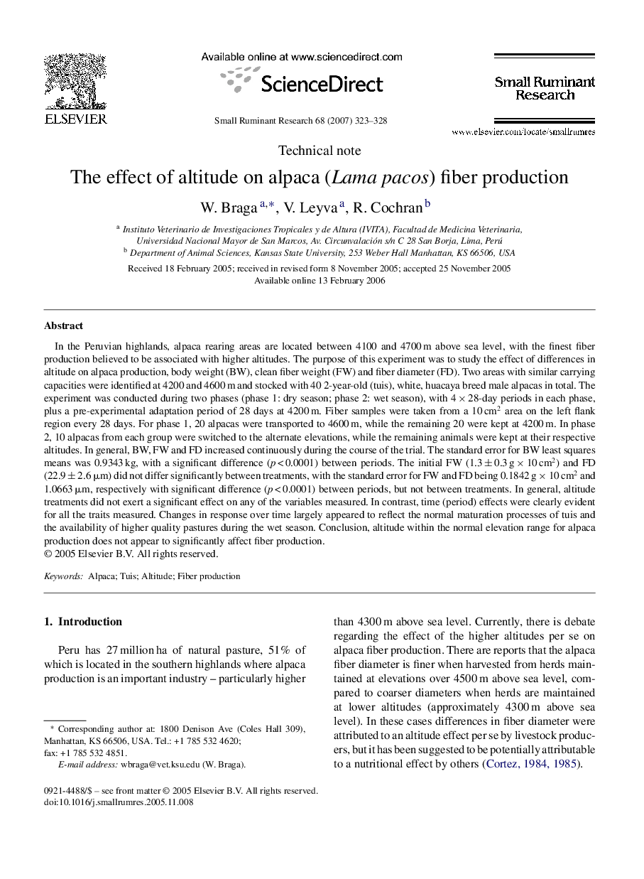 The effect of altitude on alpaca (Lama pacos) fiber production