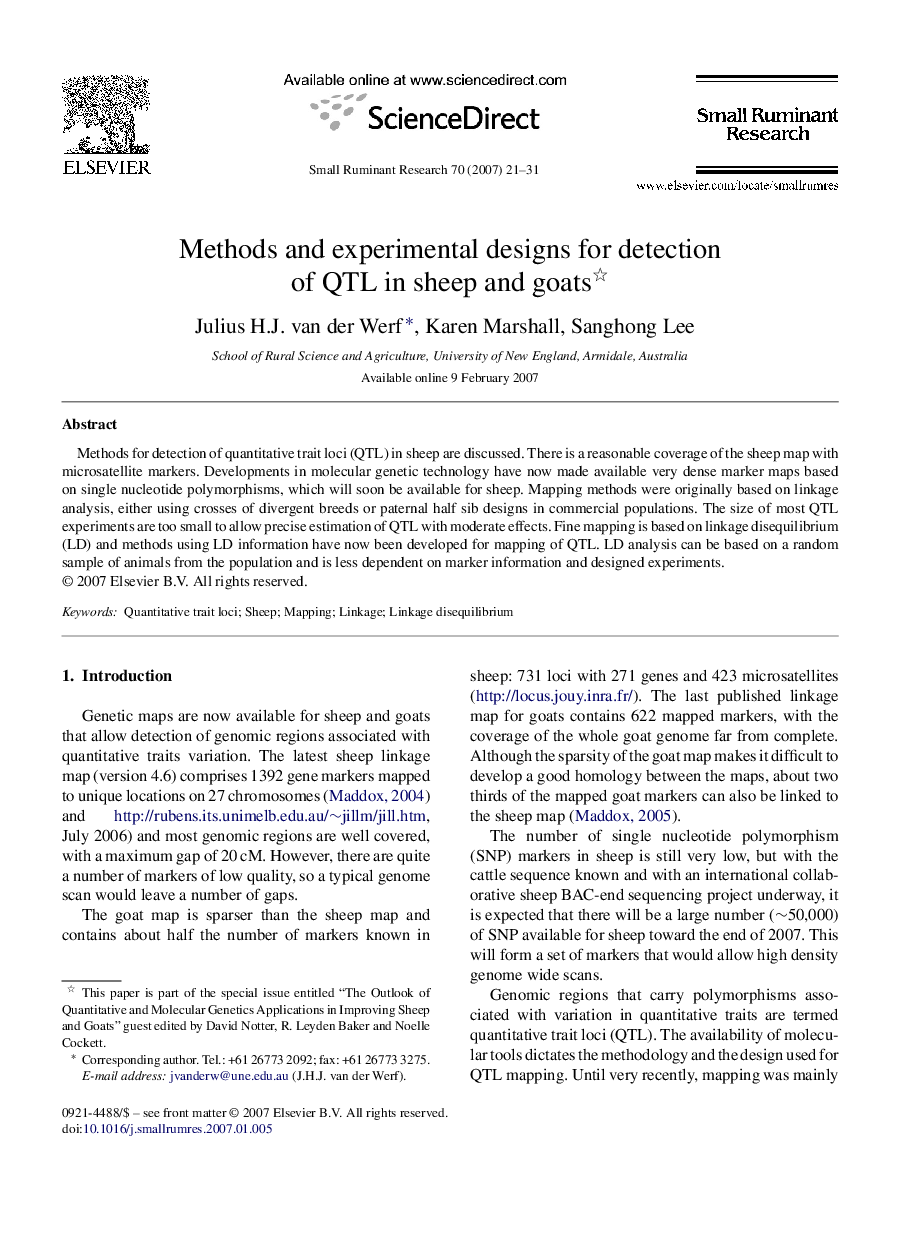 Methods and experimental designs for detection of QTL in sheep and goats